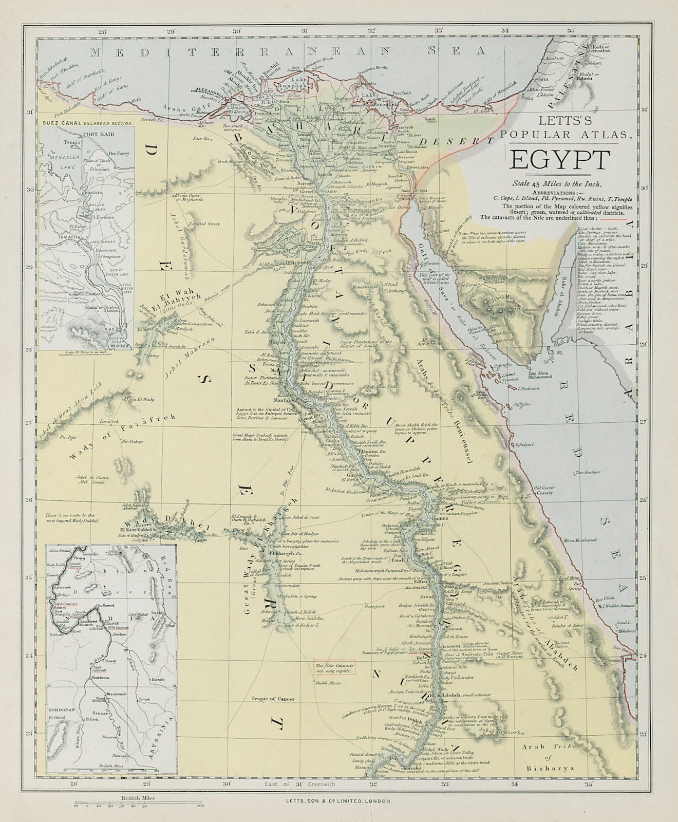 EGYPT. Nile valley. Suez Canal. Red Sea. 'Sherm'/Sharm el-Sheikh. LETTS 1884 map